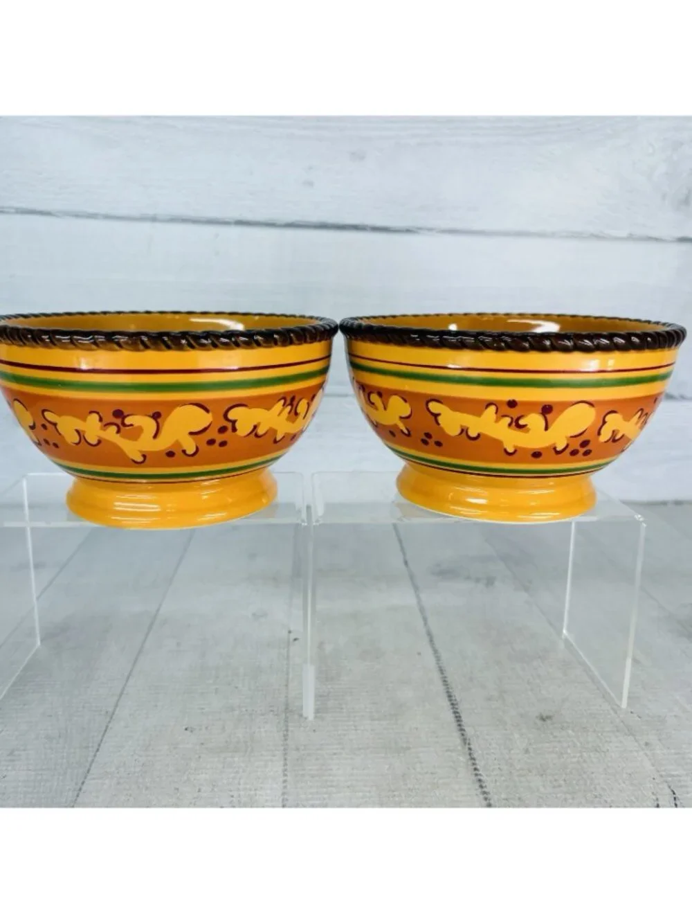 Celebrating Home TUSCAN Orange Yellow Stoneware Footed Soup Cereal Bowls Set 2
